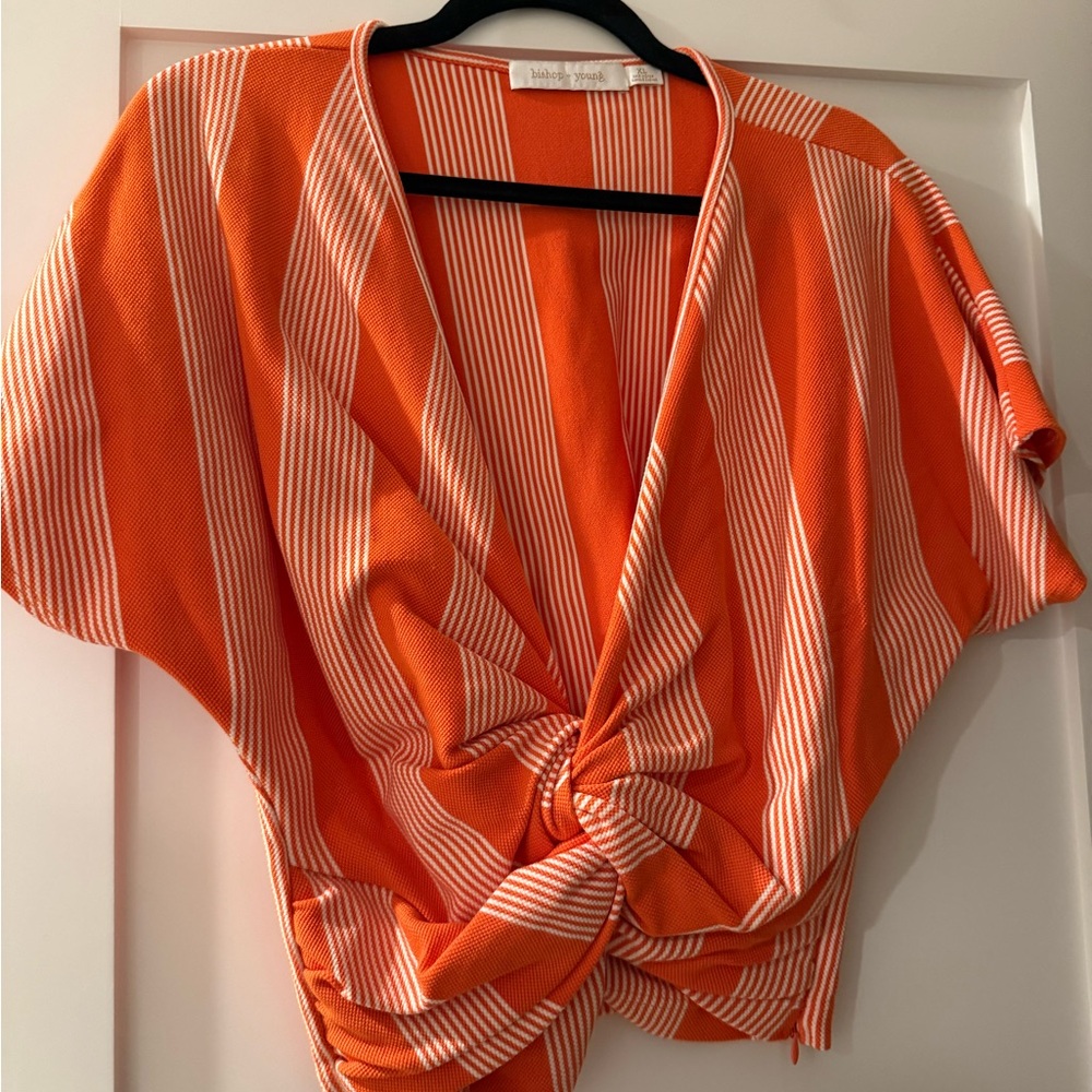 Anthropologie Orange and White Striped Knot-Front Blouse